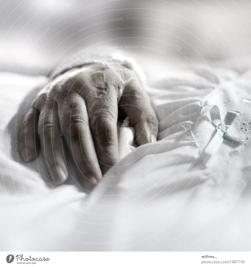 Hand of a senior citizen in a hospital bed Female senior Human being Medical treatment Care of the elderly age Nursing Illness Hospital Health care Woman Adults