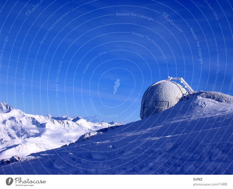 Weisfluh summit Switzerland White Cold Winter Radar station Weather station Davos Calm Peak Mountain Snow Ice Blue monasteries Alps Tall