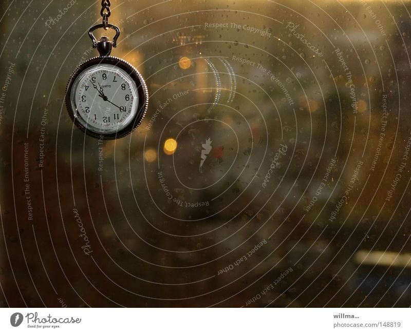 Pocket watch at the window in the rain. autumn blues Clock Clock hand Rain Window Time Window pane Fob watch Digits and numbers Clock face Period of time