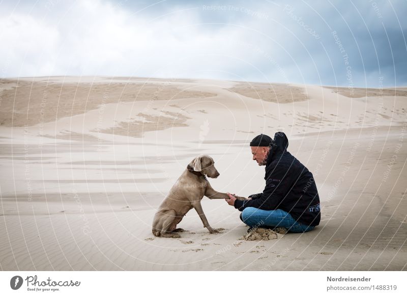 eye-level Senses Meditation Far-off places Human being Man Adults Landscape Elements Sand Climate Desert Animal Dog Sit Together Trust Agreed Loyal Sympathy