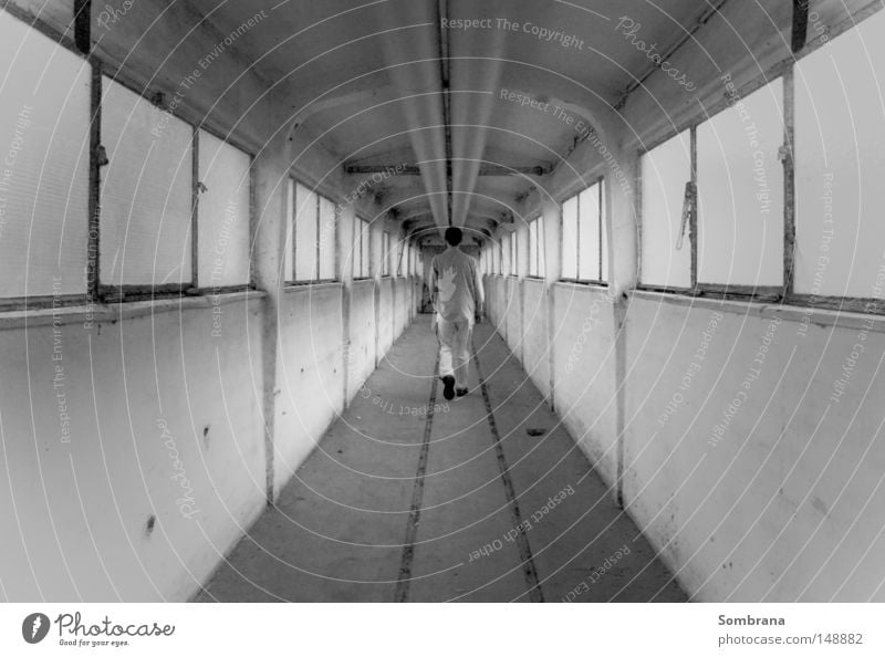 endless Corridor Going Symmetry Window Empty Infinity Old building Black White Gray Loneliness Escape Stride Man Doomed Lanes & trails Steel Concrete