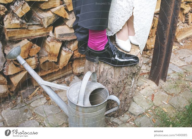 Bridal couple feet on wood on watering can Wedding Woman Adults Man Couple Partner Footwear Watering can Wood Joie de vivre (Vitality) Trust Safety (feeling of)