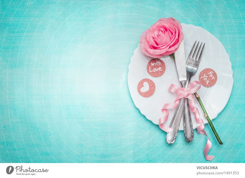 Romantic dinner. Table setting with rose. Banquet Crockery Plate Knives Fork Elegant Style Design Joy Decoration Event Restaurant Valentine's Day Mother's Day