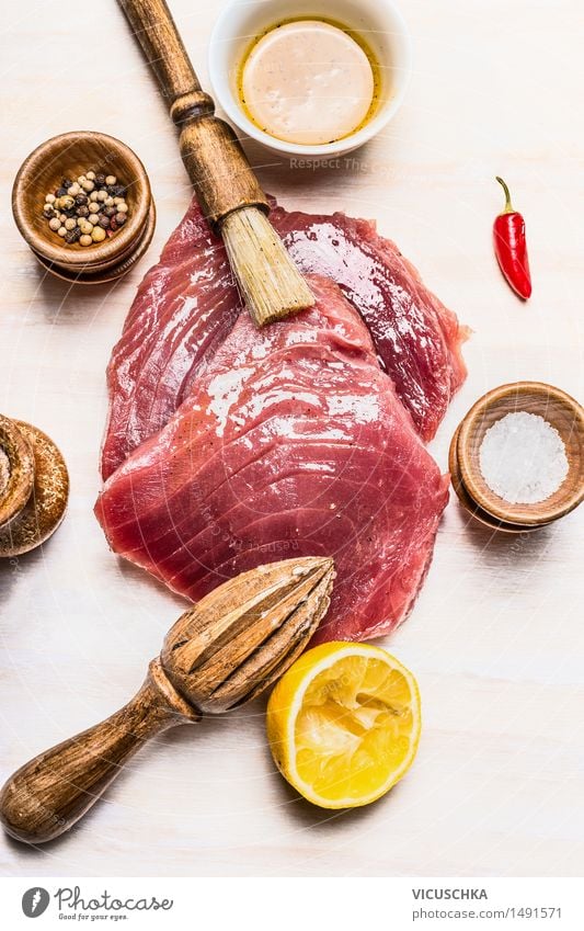 Tuna steak marinate for cooking or grilling Food Fish Herbs and spices Cooking oil Nutrition Lunch Banquet Organic produce Diet Healthy Eating Life Table