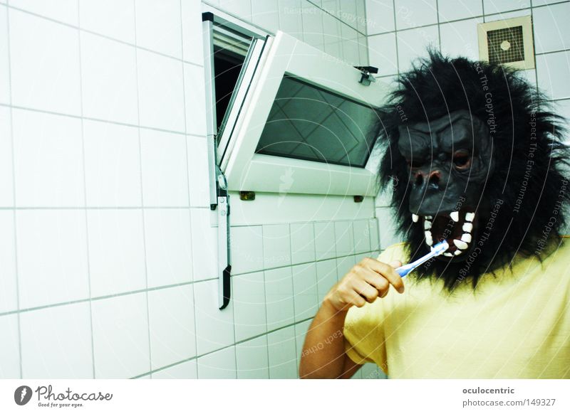 John Teethbrush Monkeys Toothbrush Bathroom Self portrait Tile Mirror Mammal yellow t-shirt