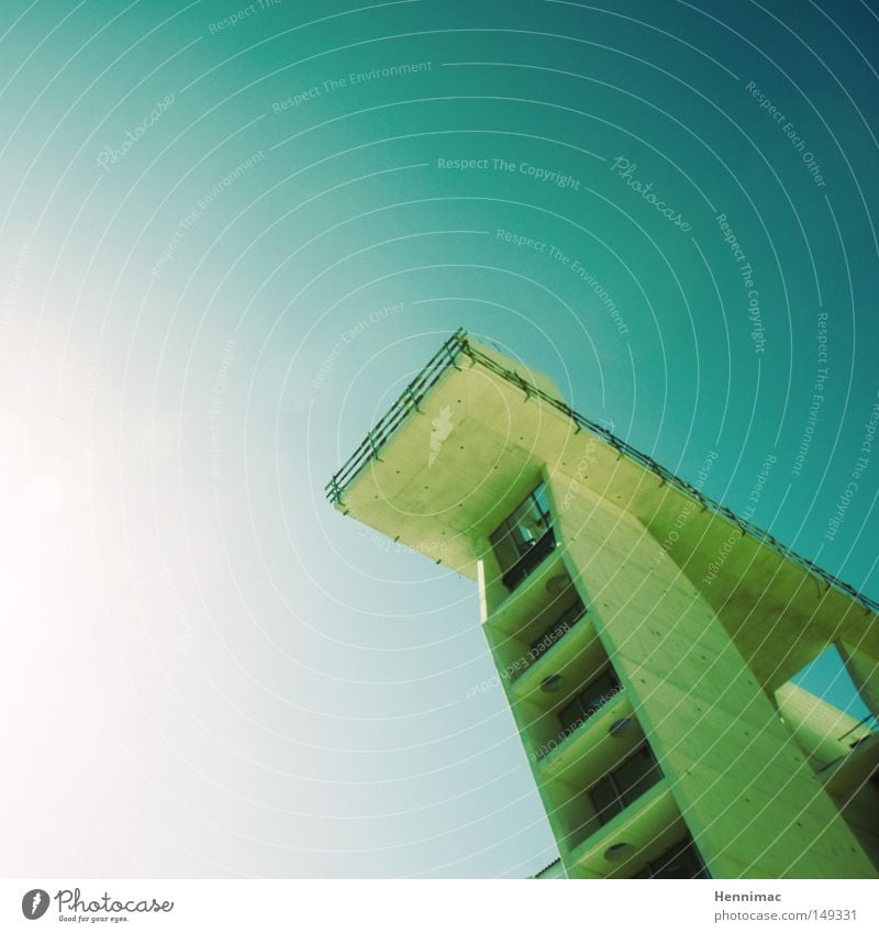 Jump! Architecture Detail Line Diagonal Blue Green Modern Tall Height Platform Sky Beautiful weather Concrete Large Perspective Under Above High-rise Story