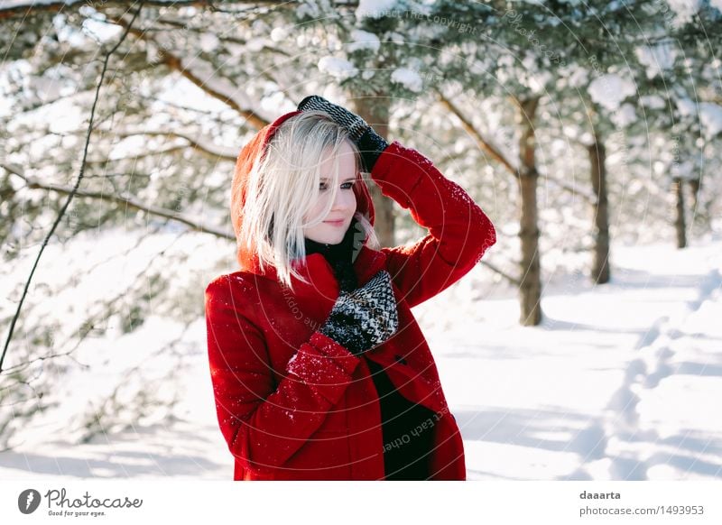 Winter dreams Lifestyle Elegant Design Joy Harmonious Relaxation Leisure and hobbies Trip Adventure Freedom Sightseeing Snow Feminine Coat red coat Gloves