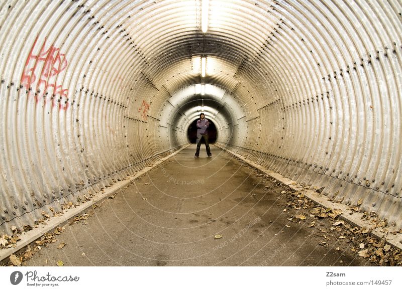 underground London Underground Subsoil Tunnel Concrete Round Leaf Autumn Winter Loneliness Dark Light Man Human being Fisheye Stand Style Perspective