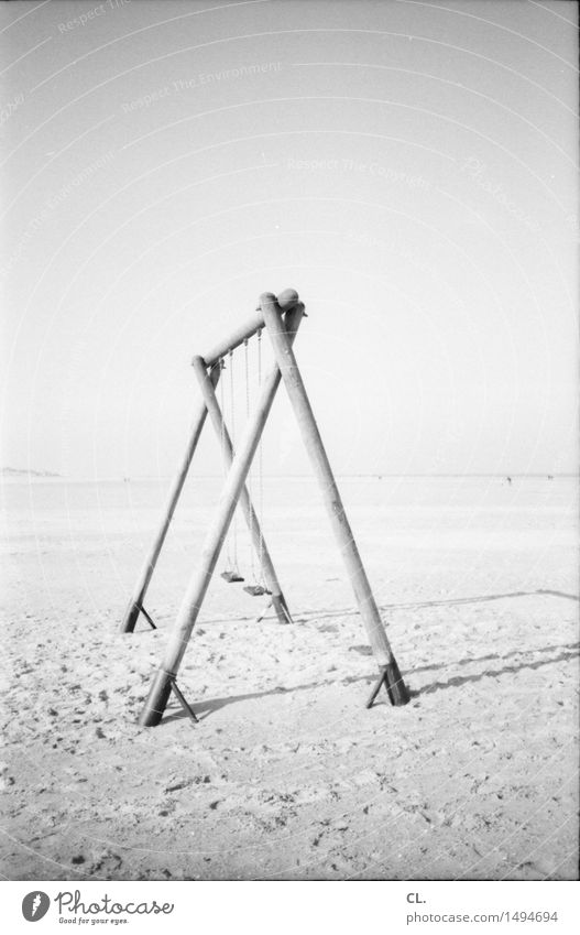swing Playing Vacation & Travel Far-off places Summer vacation Beach Sand Beautiful weather Swing Calm Black & white photo Exterior shot Deserted Copy Space top