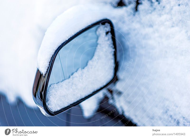 Snow on exterior mirrors Calm Winter Mirror Weather Transport Car White Idyll Alpina snowcap Rear view mirror car mirrors road conditions Stlileben Seasons