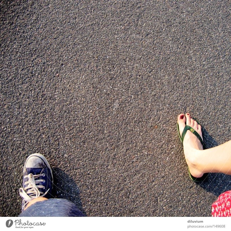 taking a walk Footwear Toes Summer Street Asphalt Chucks Flip-flops Youth (Young adults) Feet Barefoot