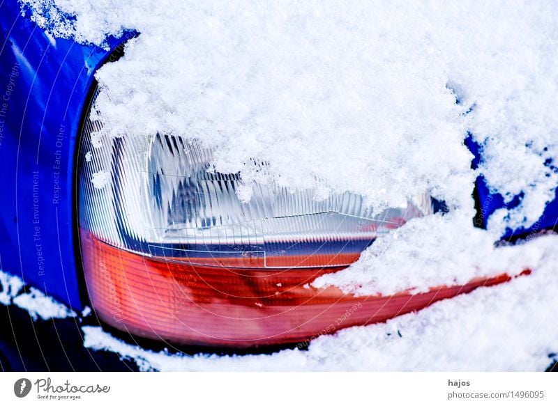 Snow on the headlights of a car Calm Winter Weather Transport Car Blue Red White Idyll Alpina snowcap Floodlight road conditions High pressure Stlileben Seasons