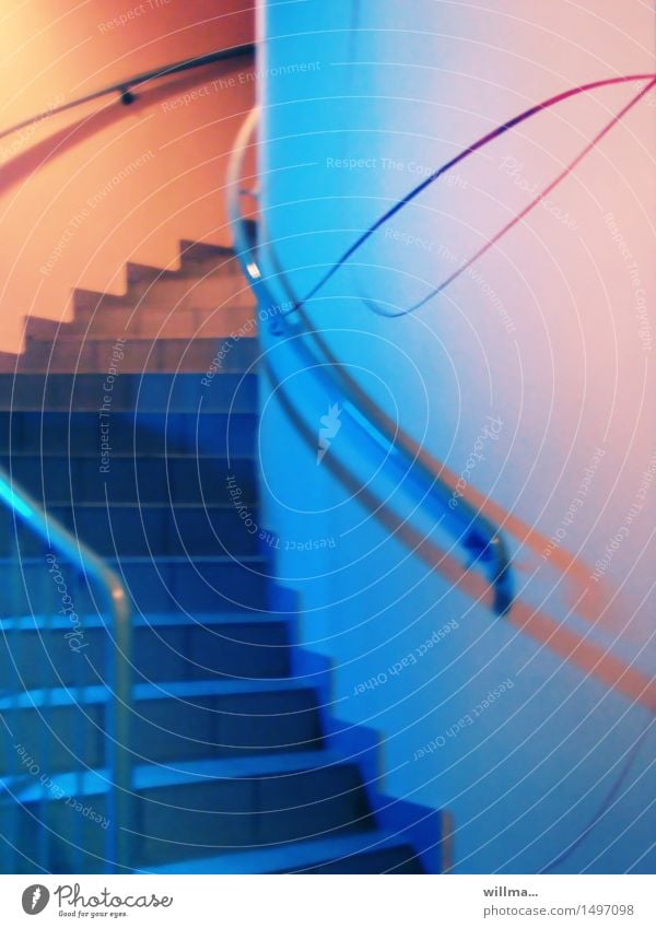 The recovery Architecture Stairs Winding staircase Blue Orange Pink Beginning Perspective Upswing Swing Spirited Pastel tone Upward Banister Career Go up