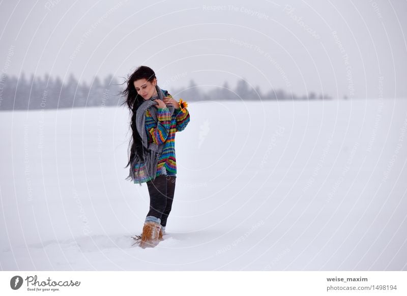 Ypung woman in a sweater on a winter walk Happy Beautiful Vacation & Travel Winter Snow Hiking Young woman Youth (Young adults) Woman Adults Body Skin Head