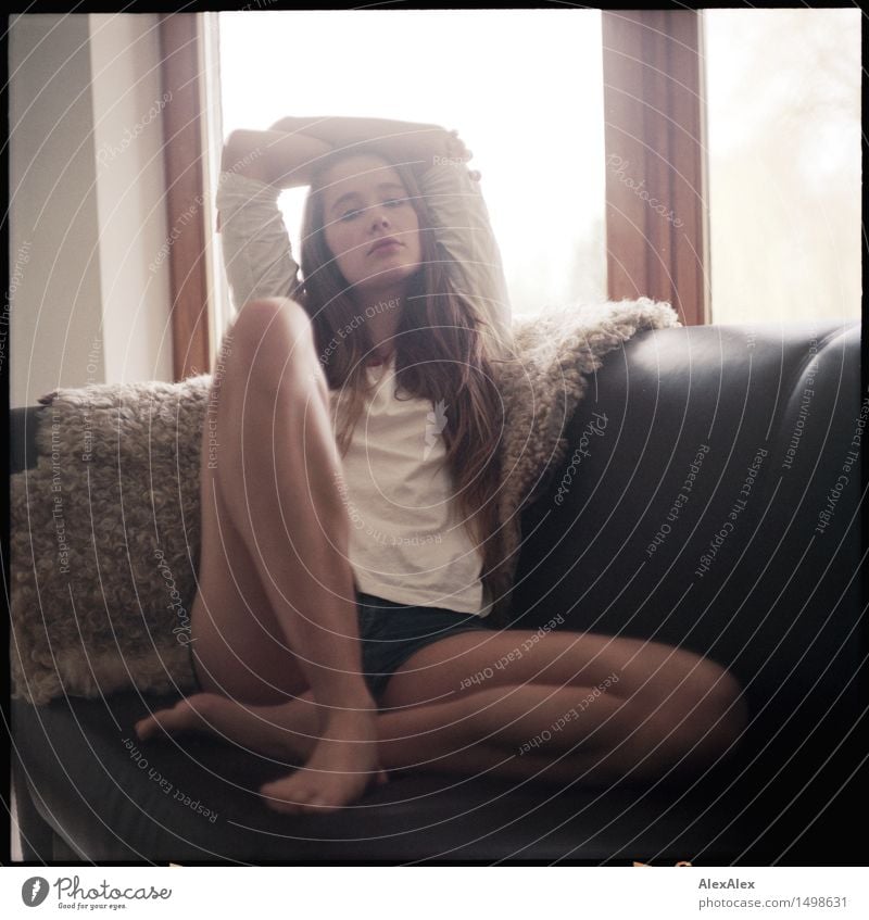 Portrait - Young, leggy woman in shirt and hotpants sits on a brown sofa with sheepskin and looks challengingly into the camera Lifestyle Style Joy Relaxation