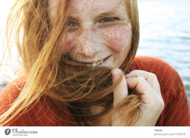 smile Woman Beautiful Wind Cold Ocean Portrait photograph Freckles Red-haired Disheveled Happiness Laughter Grinning Emanation livia cute windy sea water Face