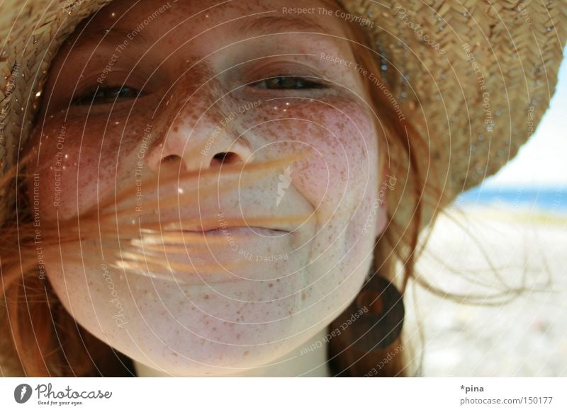 livia Woman Portrait photograph Freckles Beautiful Hat Straw hat Joy Laughter Happy Happiness Wind Face Emotions Lighting