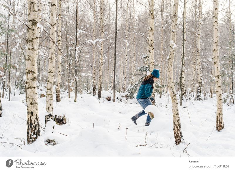 Man running through birch trees in winter snowy forest Lifestyle Style Leisure and hobbies Playing Adventure Freedom Winter Snow Human being Feminine Woman