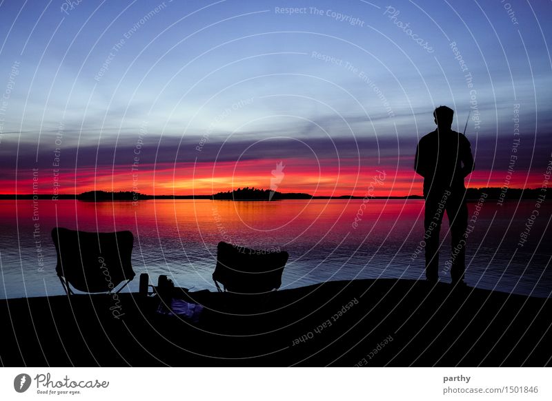sunset fishing Harmonious Well-being Relaxation Calm Fishing (Angle) Masculine Man Adults 1 Human being Nature Water Sky Clouds Horizon Sunrise Sunset To enjoy