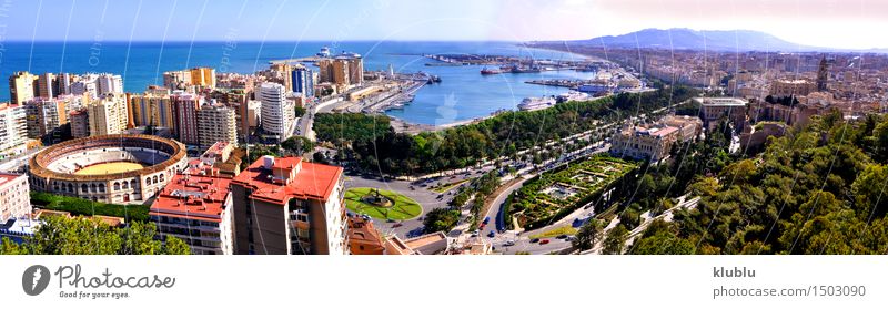 Panoramic view of Malaga city, Spain Vacation & Travel Tourism Summer Sun Beach Ocean Landscape Clouds Coast Town Harbour Building Architecture Street