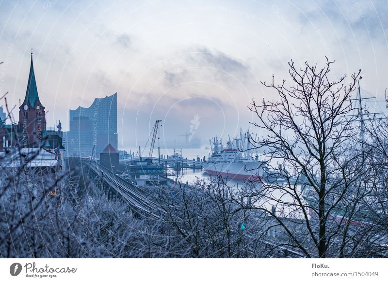 Elbe in winter Sunrise Sunset Winter Ice Frost River Hamburg Town Port City Downtown Skyline Harbour Manmade structures Tourist Attraction Landmark Navigation