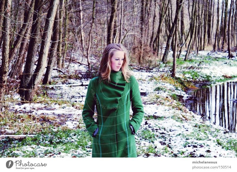 girl in the forest Forest Green Brook Leaf Loneliness Beautiful Esthetic Fairy Fairy tale Dreamily Tree Grass Winter