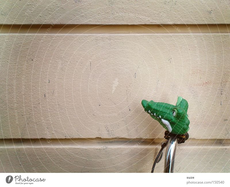 distracted Bicycle Green Bicycle handlebars Crocodile Wall (building) Bicycle bell Rubber Parking Funny Colour photo Subdued colour Exterior shot Deserted
