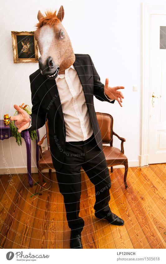LP. HORSEMAN. XIV Interior design Decoration Party Event Carnival Hallowe'en Masculine Man Adults 1 Human being Suit Horse Animal To talk Argument Creepy Town