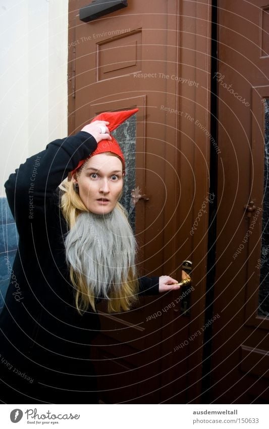Damn... caught! Santa Claus Christmas & Advent Red Cap Facial hair Door Woman Dress up Disguised Scare December Cold Feasts & Celebrations Work and employment