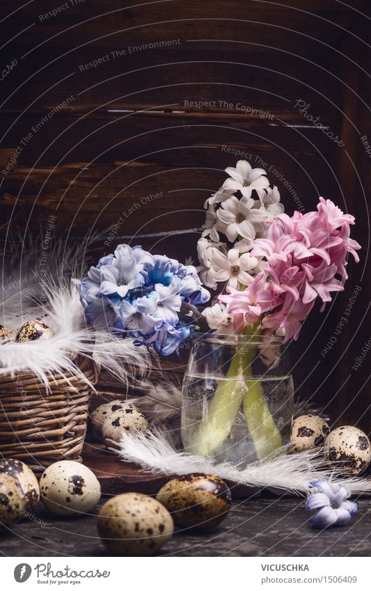 Hyacinth bouquet of flowers and quail eggs with feathers Elegant Style Design Life Flat (apartment) Interior design Decoration Feasts & Celebrations Easter