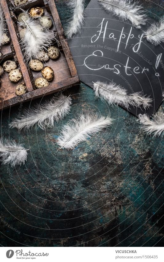 Happy Easter background with quail eggs Lifestyle Style Design Table Feasts & Celebrations Box Decoration Wood Retro Tradition Background picture Grunge