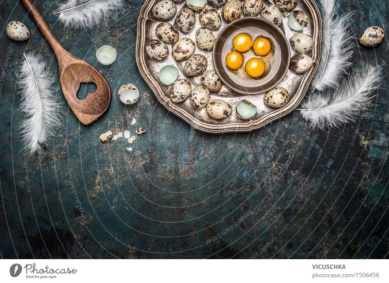 Quail eggs and cooking spoons Food Nutrition Breakfast Lunch Organic produce Plate Spoon Style Design Healthy Eating Life Table Easter Nature Wooden spoon Jump