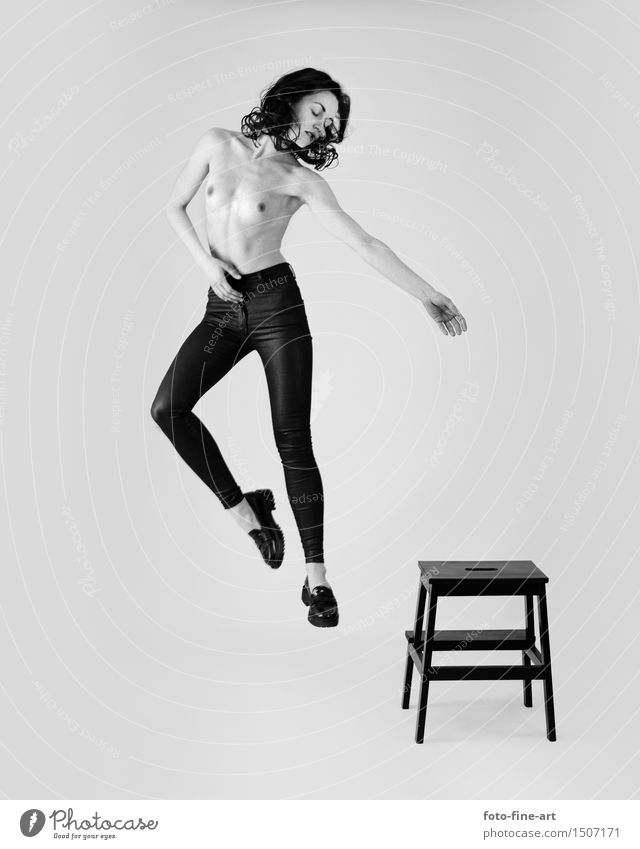 Nude recording "jump" Nude photography Woman Body Chest Jump Young woman Pants Footwear Looking Flying Floating Snapshot nude Art Fashion Figure