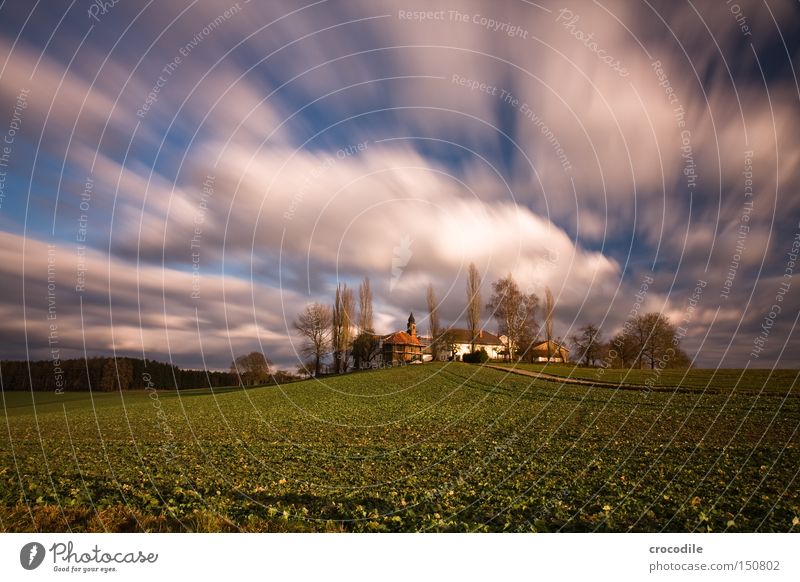 cloud race Farm Real estate Agriculture Chapel Clouds Flying Long exposure Field Autumn Tree Sowing Ecological Manmade landscape House (Residential Structure)