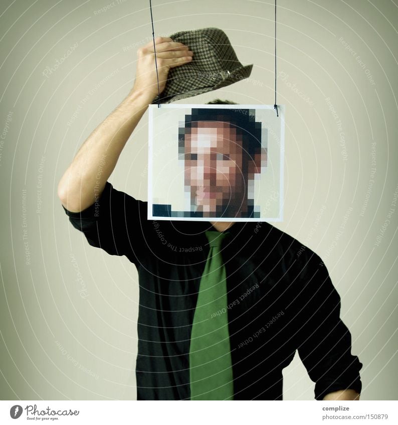 Bonjour Monsieur Pixel Face Man Adults New Media Shirt Tie Mask Hat Communicate Idea Creativity Register Anonymous Data protection Safety Date Criminality