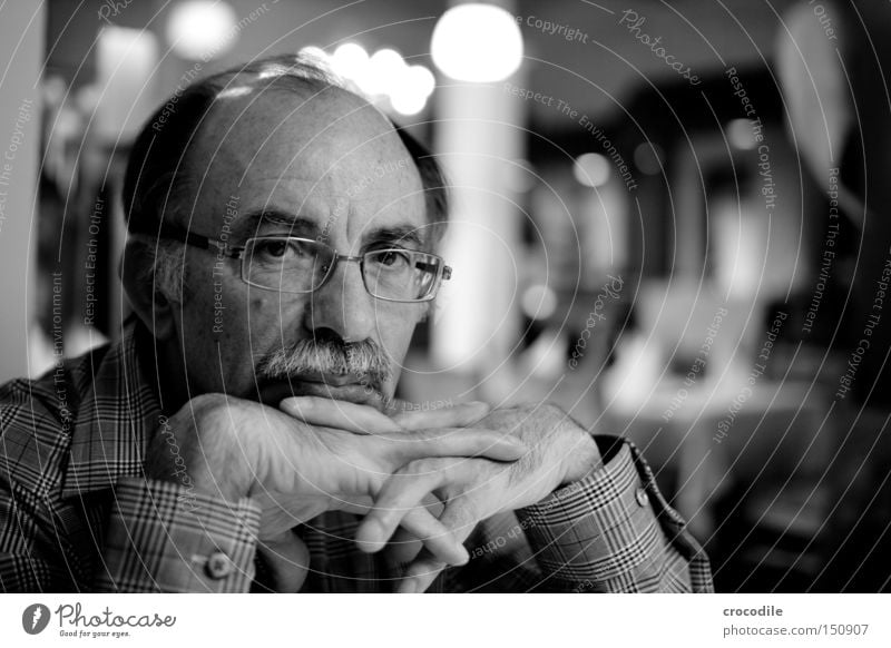 thinking about... Think Black & white photo Eyeglasses Portrait photograph Moustache Fingers Eyes Man Old Hair and hairstyles Head Motionless Light Dark