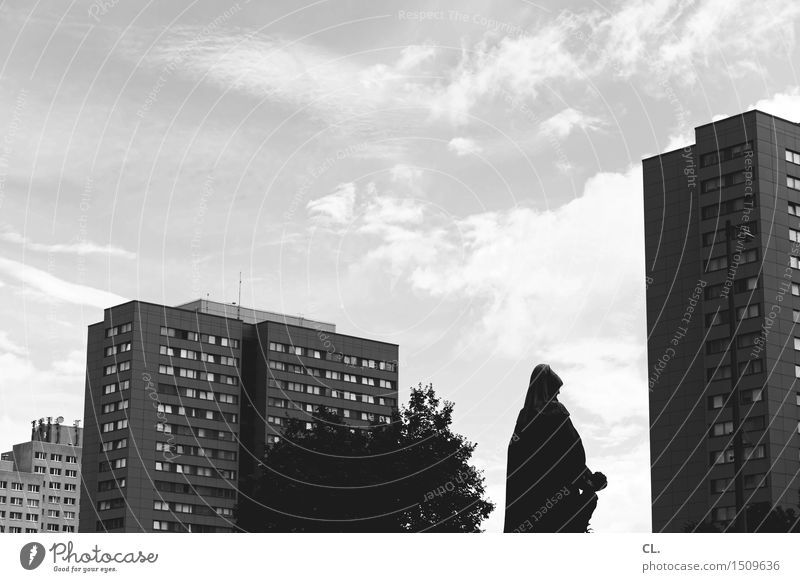 somewhere in berlin Sightseeing City trip Sky Clouds Beautiful weather Tree Berlin Town High-rise Places Building Architecture Facade Statue Black & white photo
