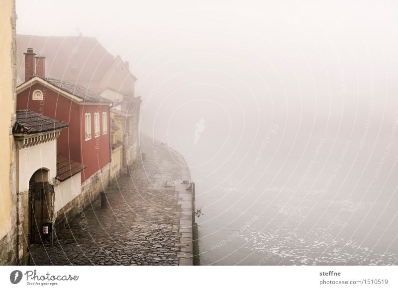 Everything flows: Danube Landscape Winter Bad weather Fog House (Residential Structure) Mysterious Regensburg Mystic Colour photo Exterior shot Copy Space right