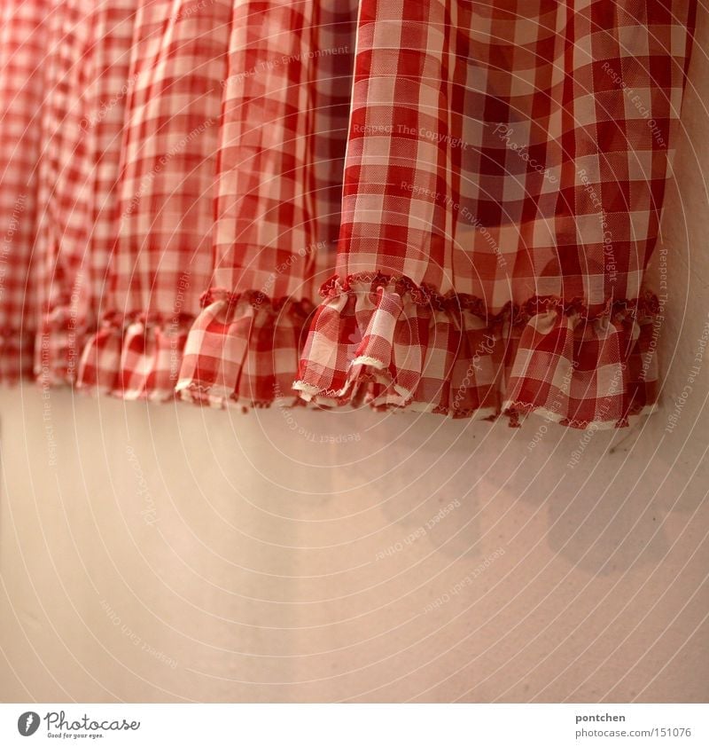 Red and white ruched curtain in front of white wall Colour photo Close-up Detail Pattern Structures and shapes Deserted Copy Space bottom Day Shadow