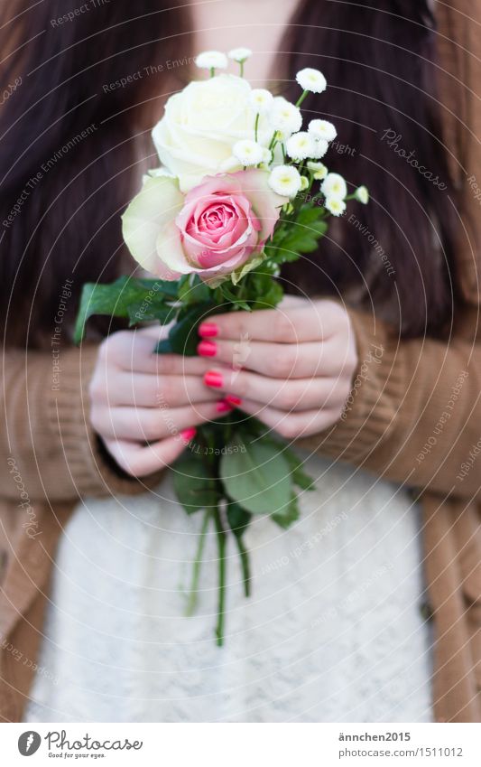 Flowers for you! Exterior shot Woman Feminine To hold on Subdued colour Beige White Pink Green Red Hand Fingernail Fingers Gift Give Jacket ploughed Long-haired
