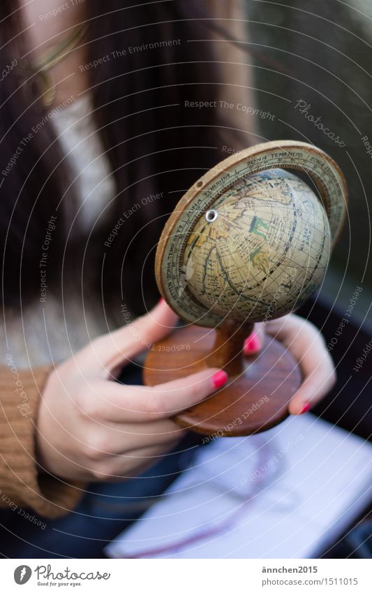 The world in my hand Globe Hand Nail polish Fingers Woman Feminine Vacation & Travel To hold on Earth Discover Exterior shot Day Bright Subdued colour Retro Old