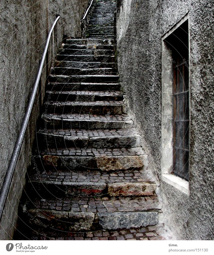 staircase joke Old town Wall (barrier) Wall (building) Stairs Window Stone Historic Transience Pave Upward Narrow Alley Plaster Handrail Colour photo