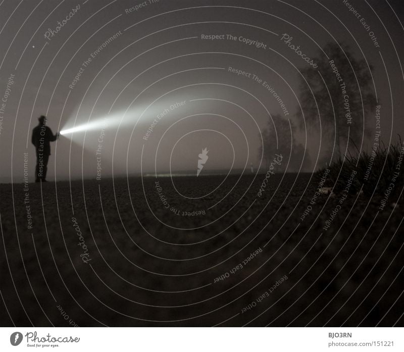 lightbringer Night Fog Dark Light Radiation Sunbeam Tree Man Human being Loneliness Long exposure woods alone