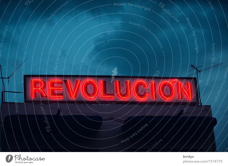 Neon sign Revolucion in Santiago de Cuba at dusk Clouds che Revolution castro Characters Politics and state Night sky House (Residential Structure) Antenna
