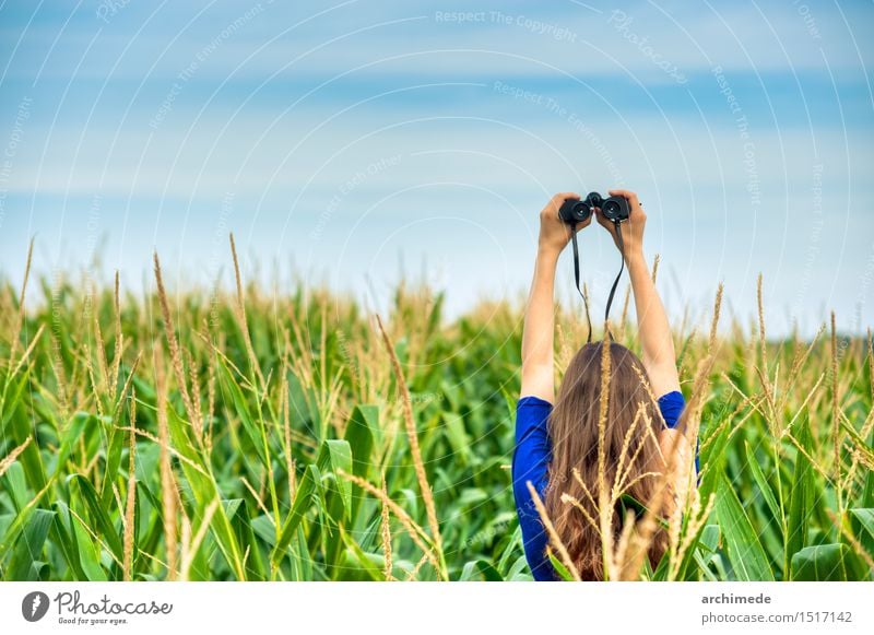 Woman Holding A Binocular In The Field Lifestyle Vacation & Travel Adults Nature Landscape Sky Horizon Grass Free Wild Wanderlust Idea Discovery Searching