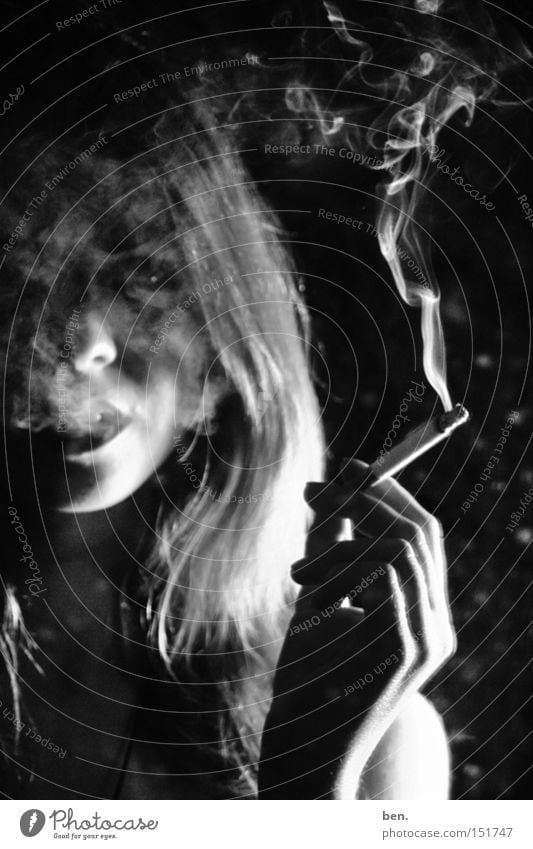 Smoke And Mirrors Cigarette Portrait photograph Woman Trashy Dirty Black & white photo Youth (Young adults)