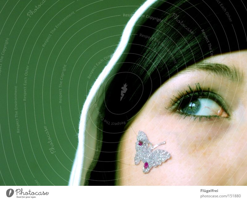 summer longing Beautiful Hair and hairstyles Face Summer Woman Adults Eyes Jewellery Butterfly Dream Green Longing Hooded (clothing) Miss ponder Division