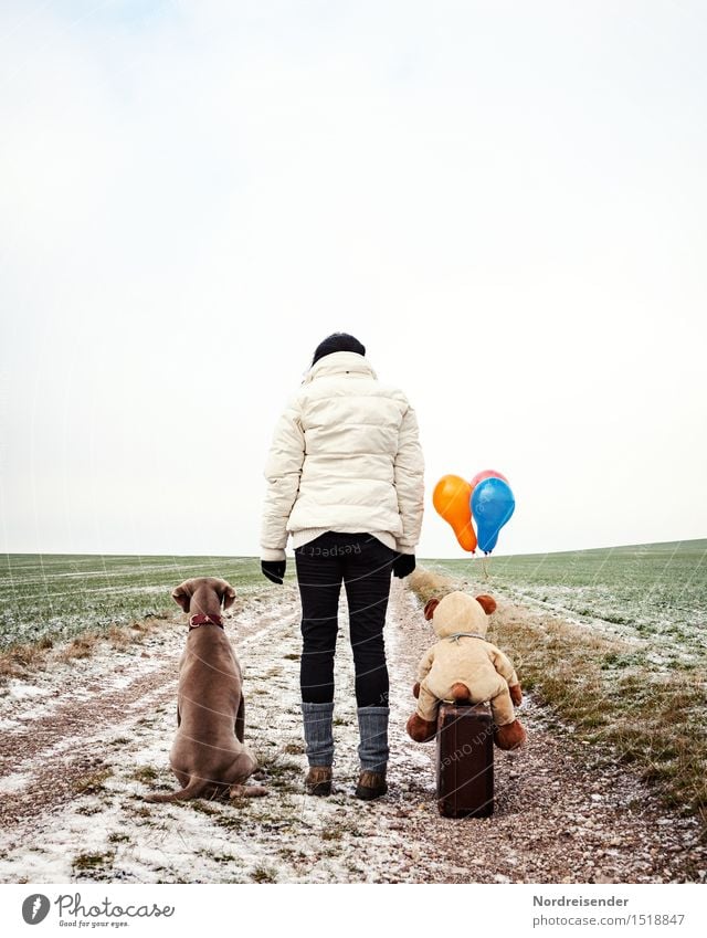 parting... Team Human being Feminine Woman Adults Life Winter Bad weather Field Street Animal Dog Teddy bear Cuddly toy Balloon Wait Uniqueness Cold Joy Agreed
