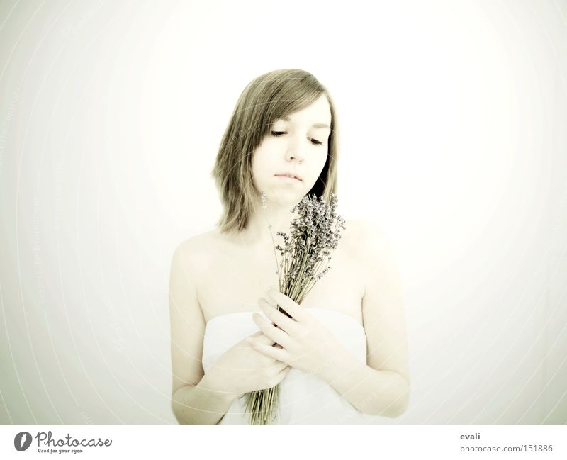 On a besoin de fleurs Portrait photograph Lilac Bright Light White Flower Woman Lavender flowers Medicinal plant