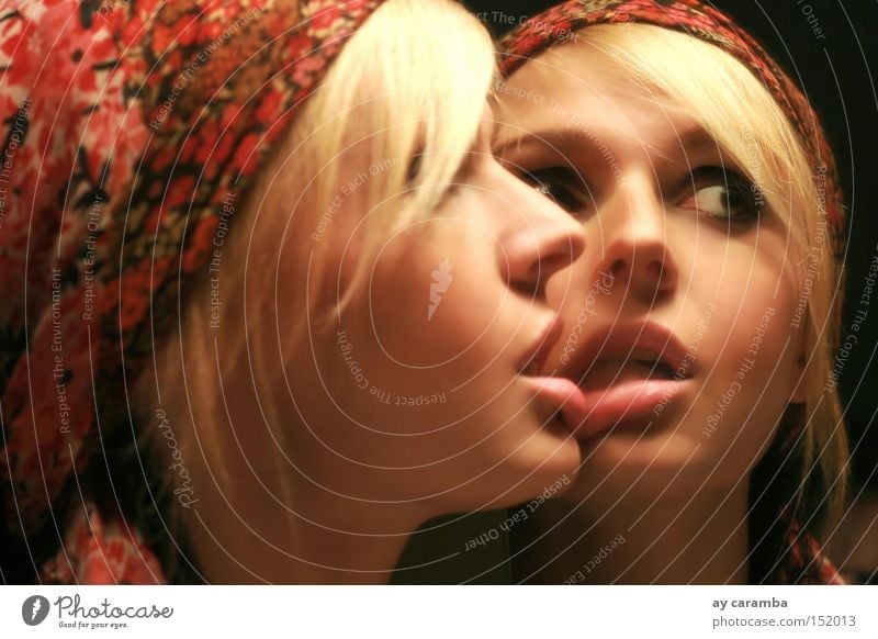 mirror image Woman Mirror Twin Headscarf Lips Looking Blonde Brown eyes Bathroom Loneliness Love Beautiful
